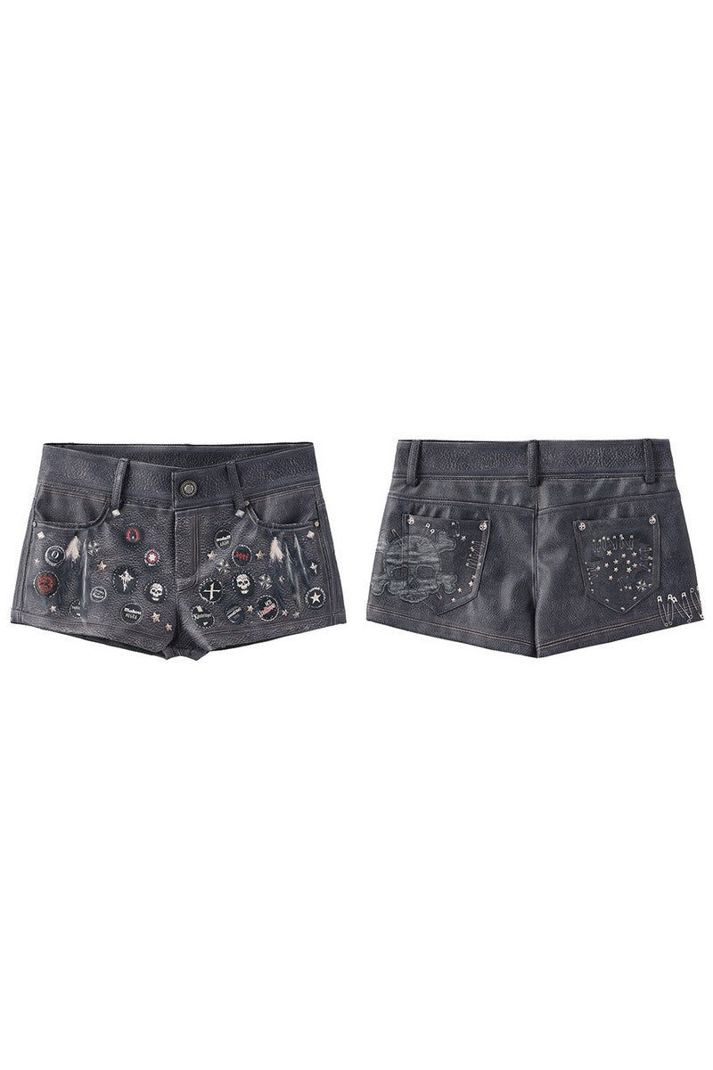 Bottle Cap Print Leather Shorts