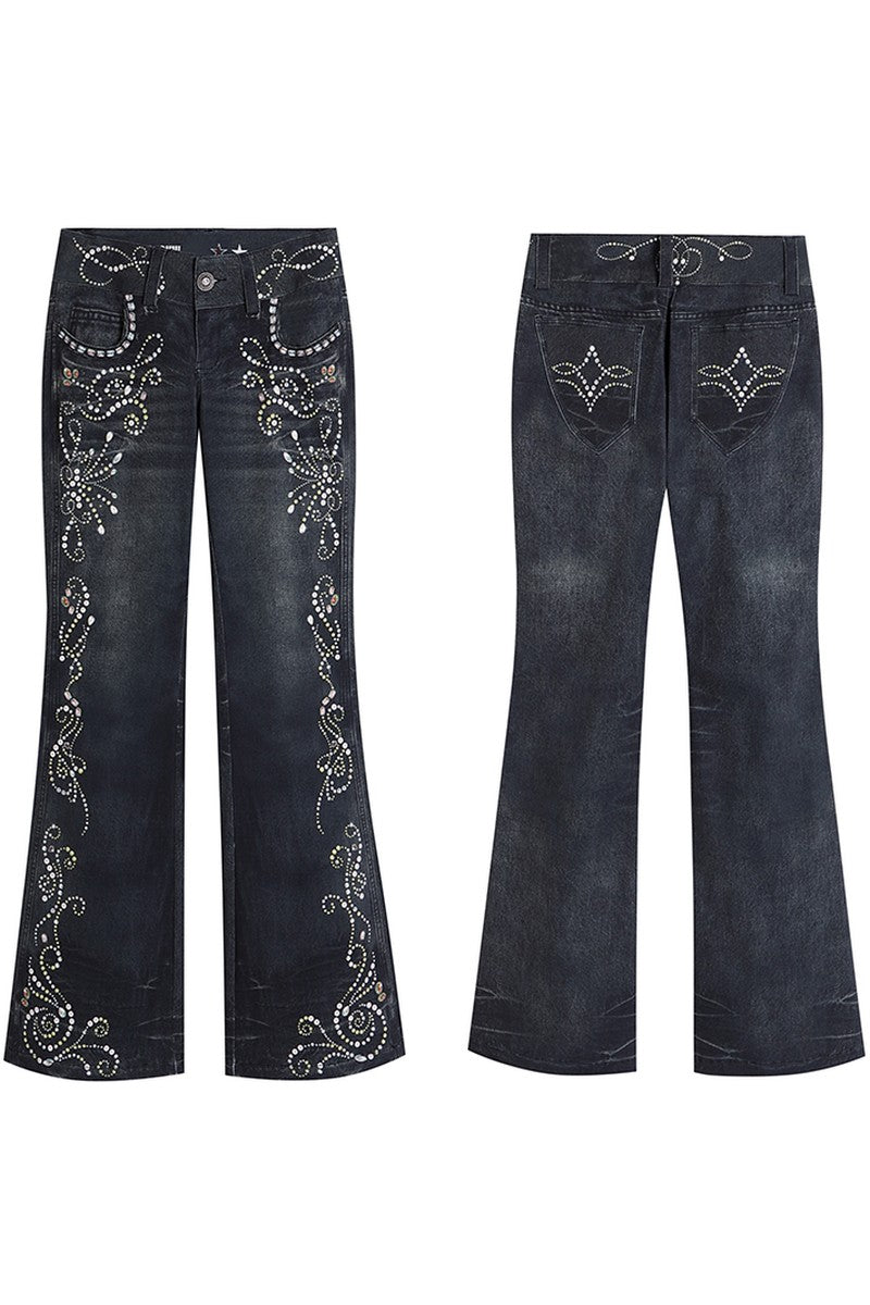 Vintage Gem Print Flared Jeans