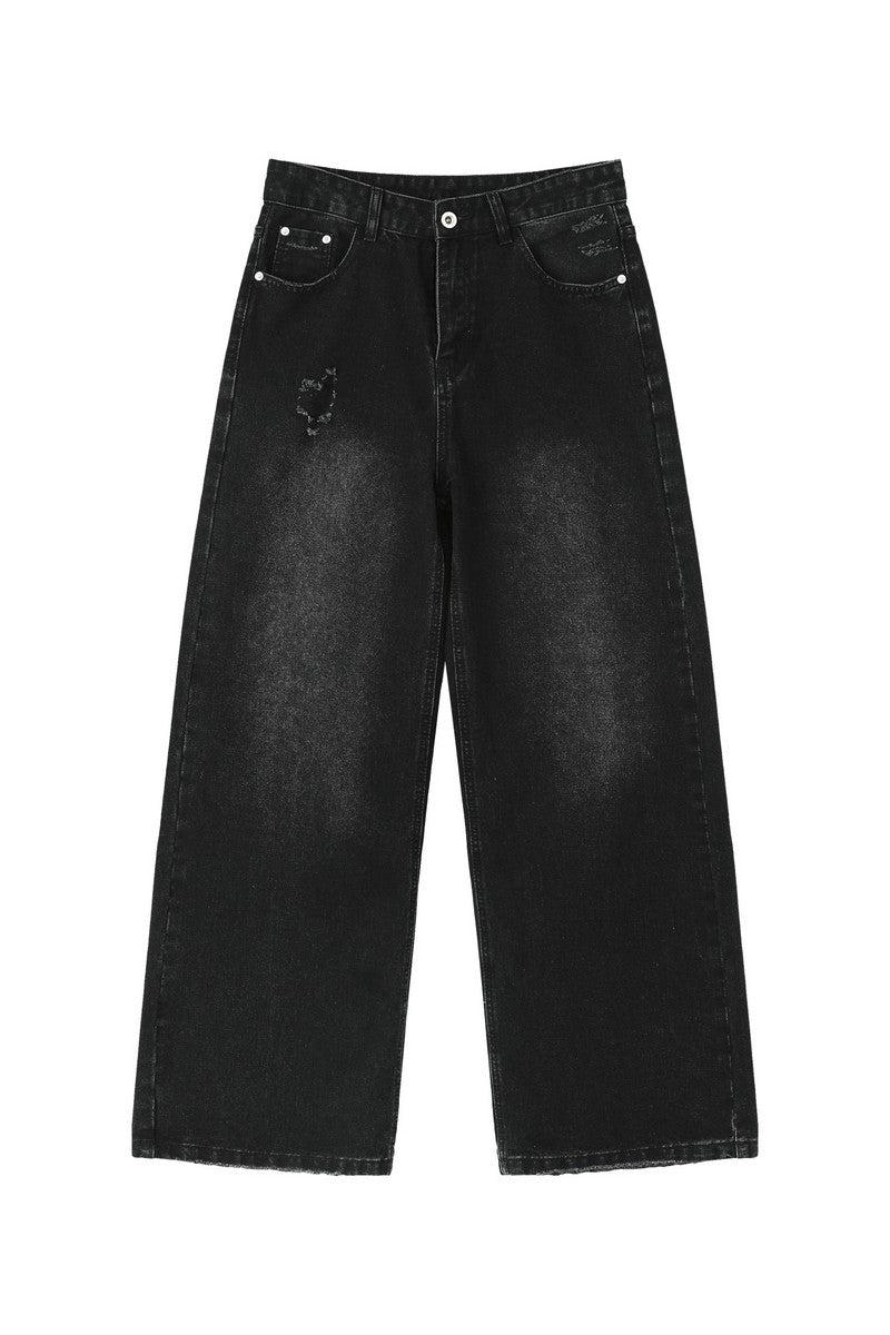 Washed Distressed Straight Leg Jeans