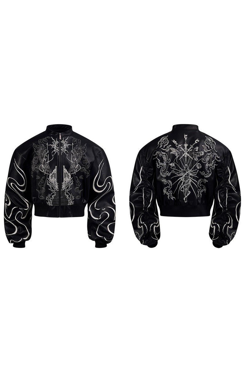 Embroidered Cropped Leather Jacket