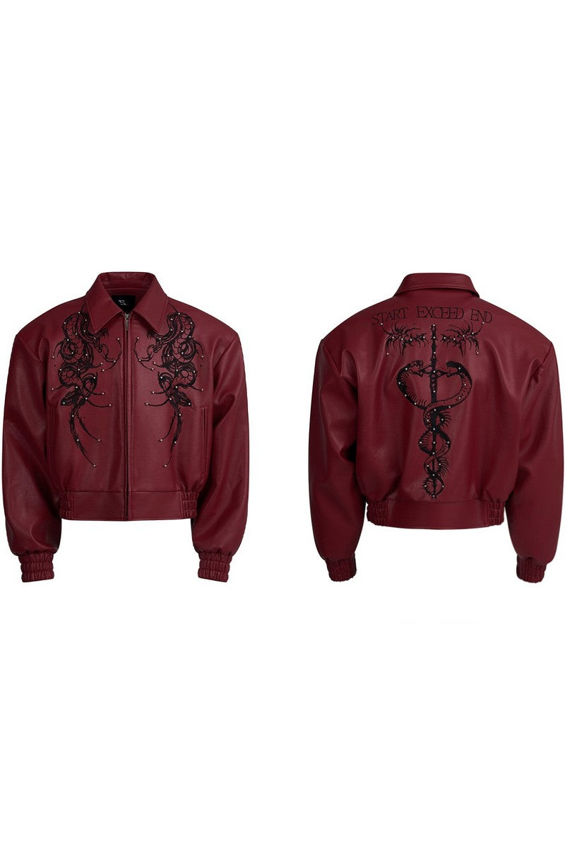 Embroidered Beaded Cropped Leather Jacket