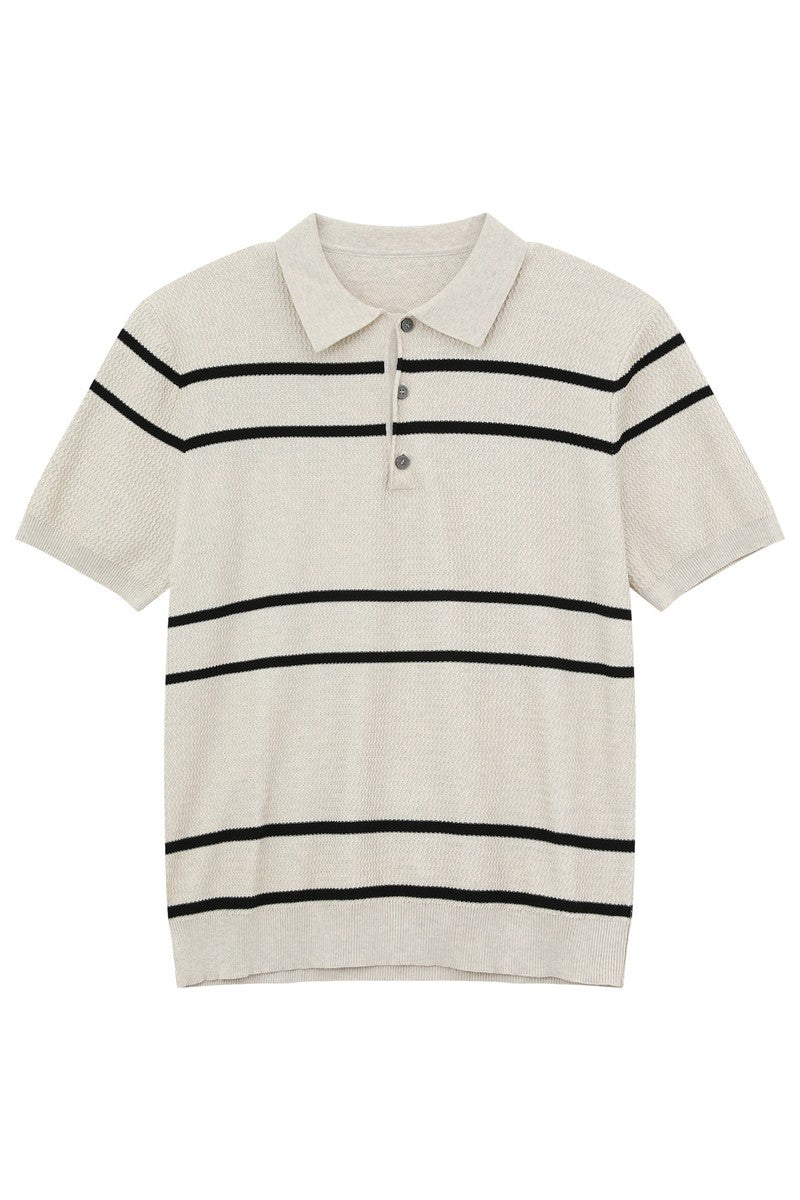 Striped Knit Polo Short Sleeve Tee