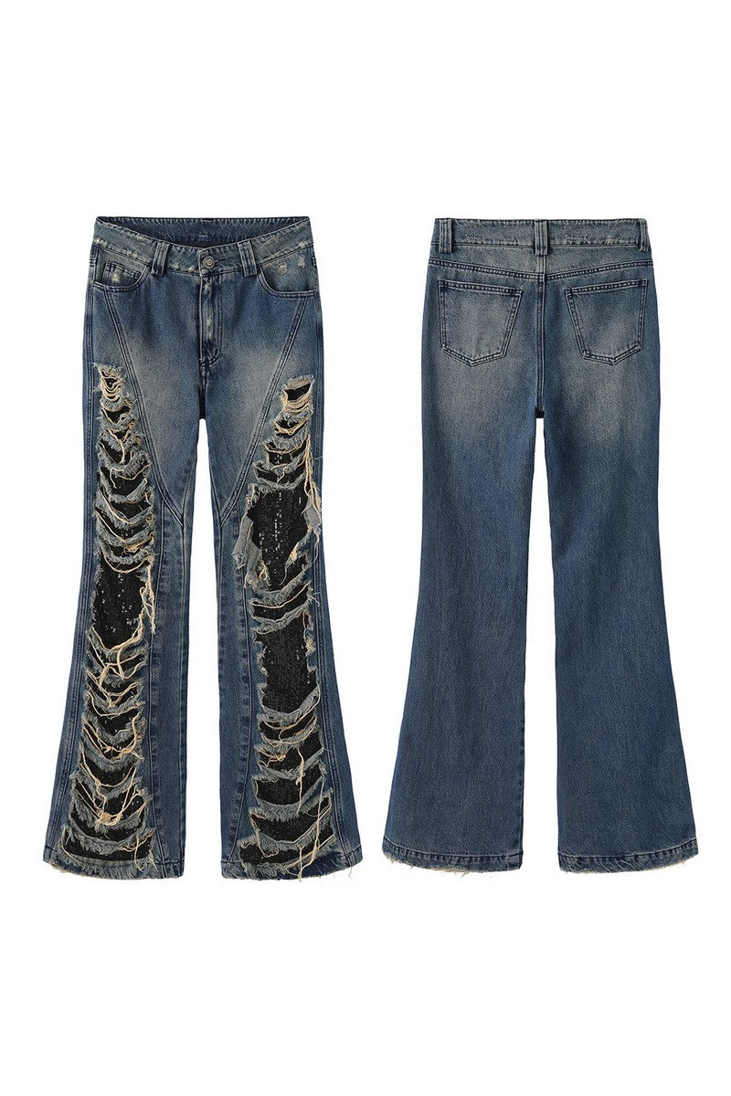 Distressed Sequin Flare Jeans