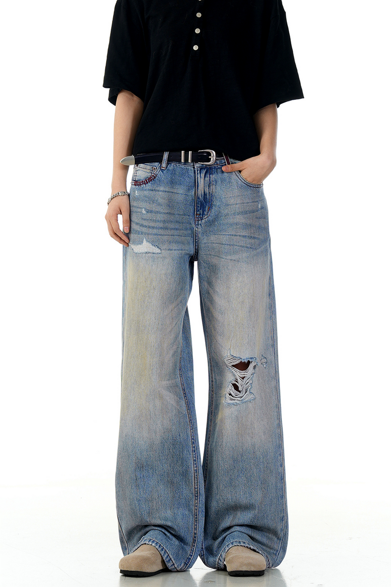 Ripped Straight Wide Jeans