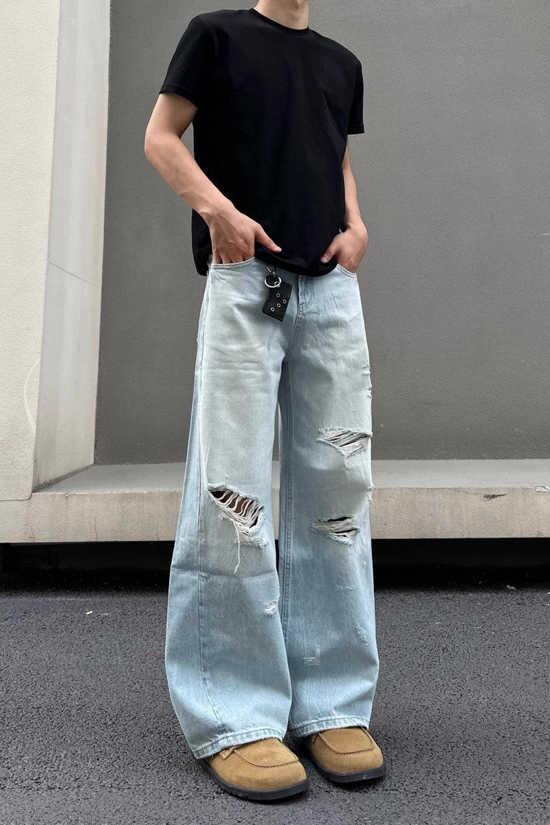 Blue Ripped Straight Jeans