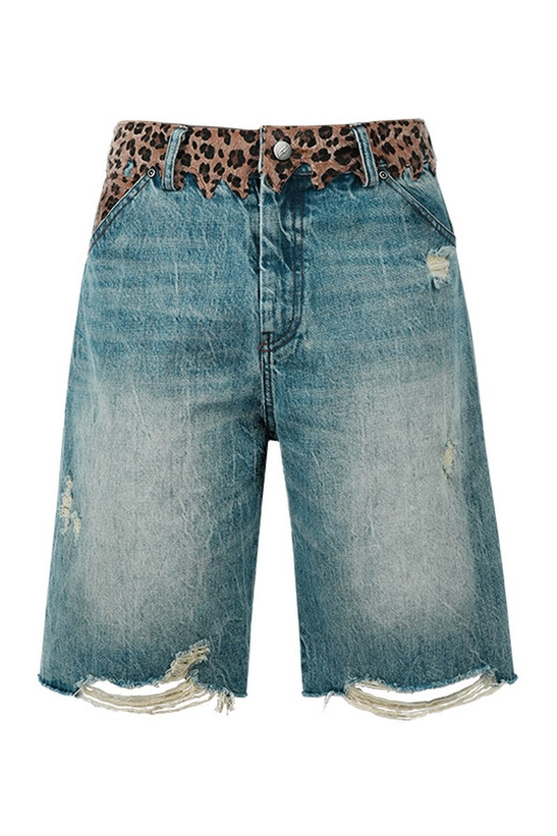 Leopard Patchwork Denim Shorts