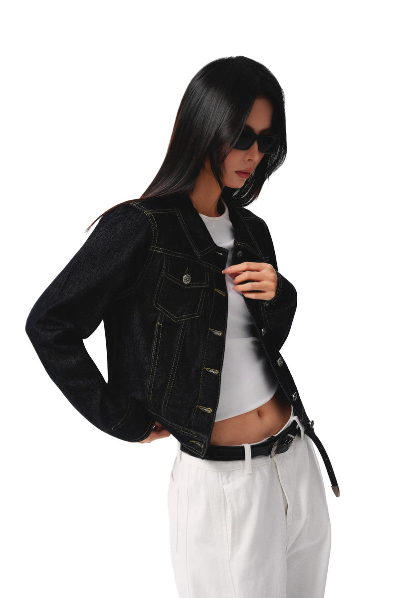 Contrast Stitch Cropped Denim Jacket - Denim Blue