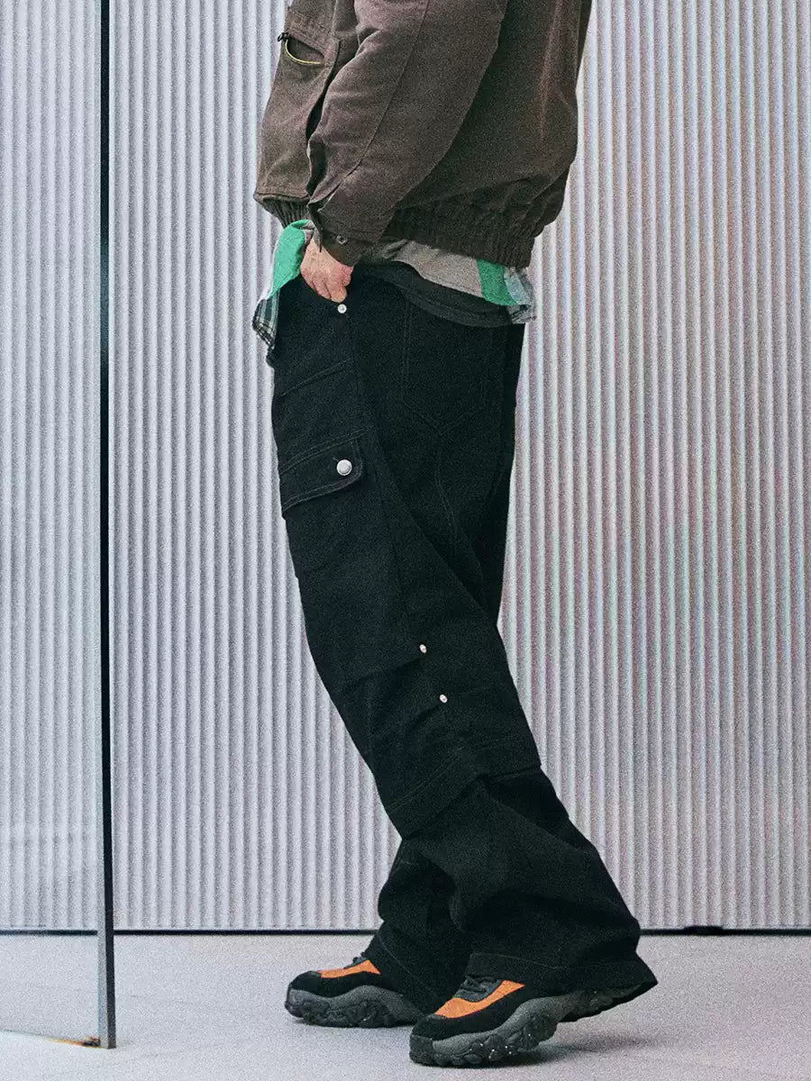 Contrast Stitch Pleated Pants — Black, front model view