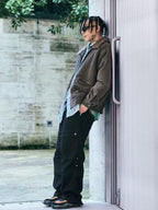 Contrast Stitch Pleated Pants — Black, full-length model view