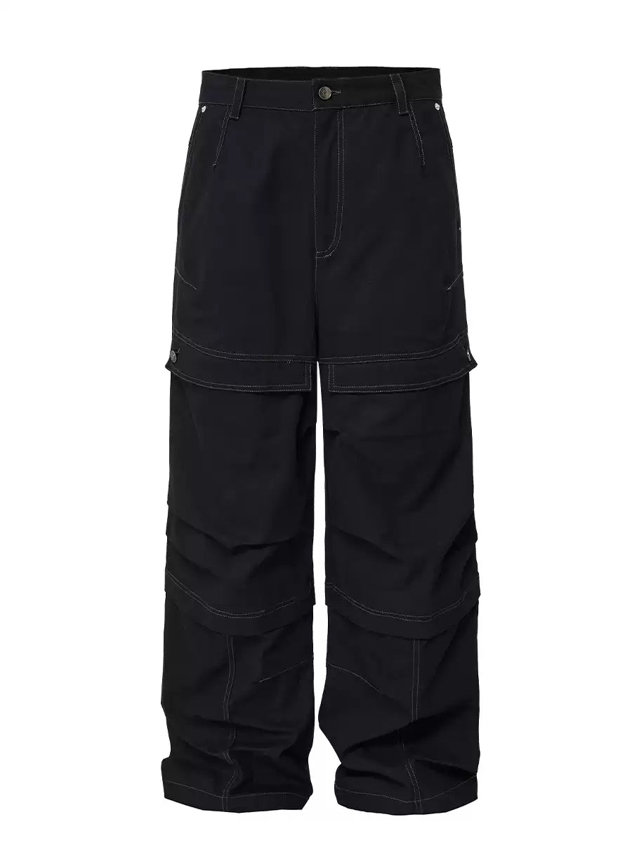 Contrast Stitch Pleated Pants — Black, product view on white background