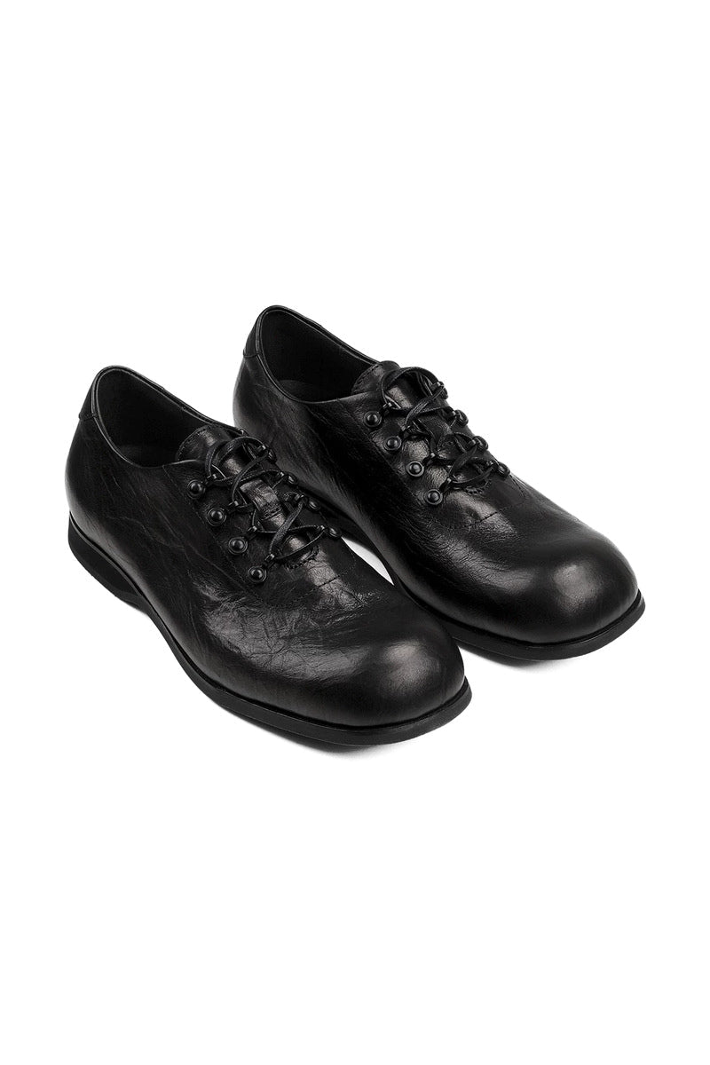 Creased Cowhide Derby Shoes - Black - three-quarter pair view