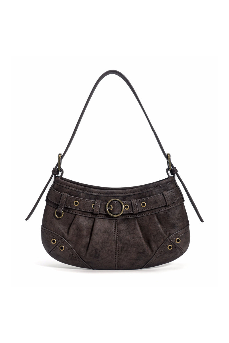 Belted Crescent Shoulder Bag - Brown