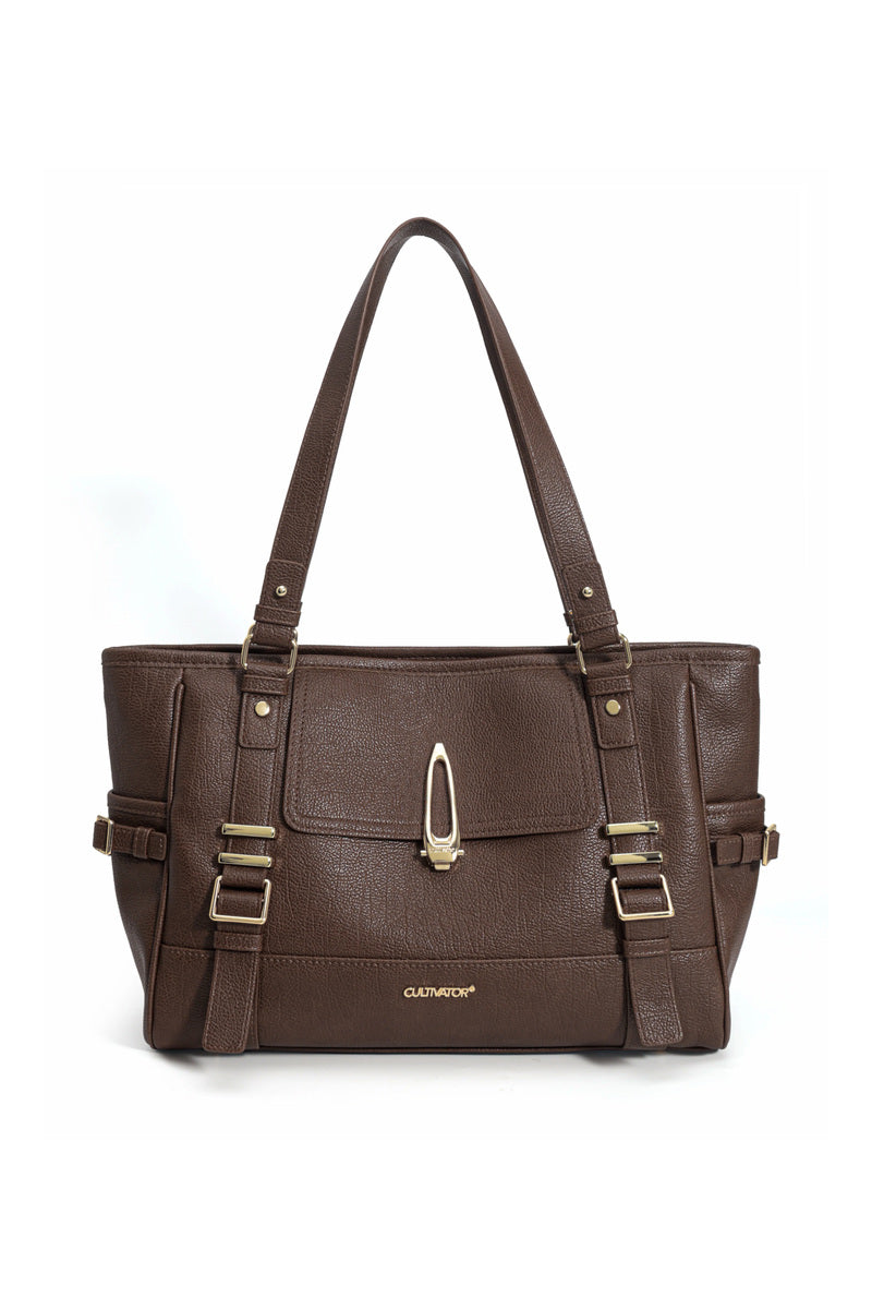 Belted Pocket Tote Bag - Brown