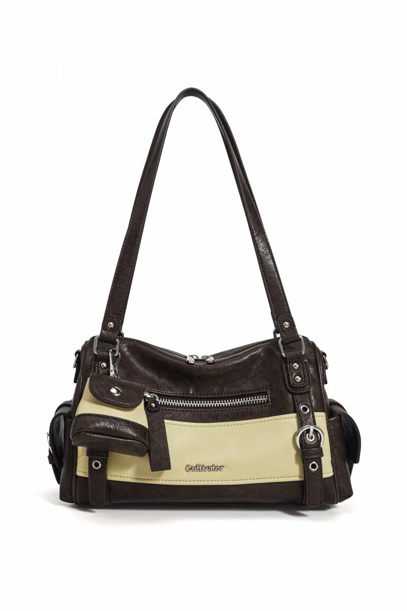 Colorblock Buckle Bowling Bag - Brown