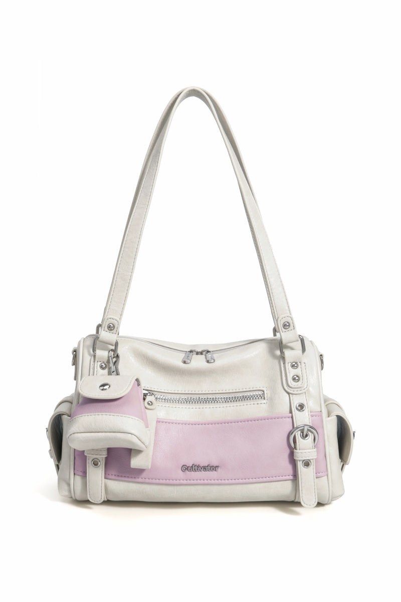 Colorblock Buckle Bowling Bag - Beige