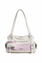 Colorblock Buckle Bowling Bag - Beige