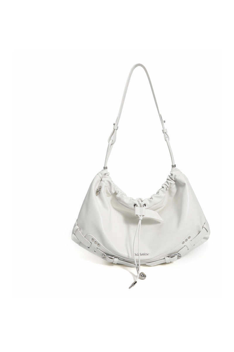 Drawstring Crescent Hobo Bag - White