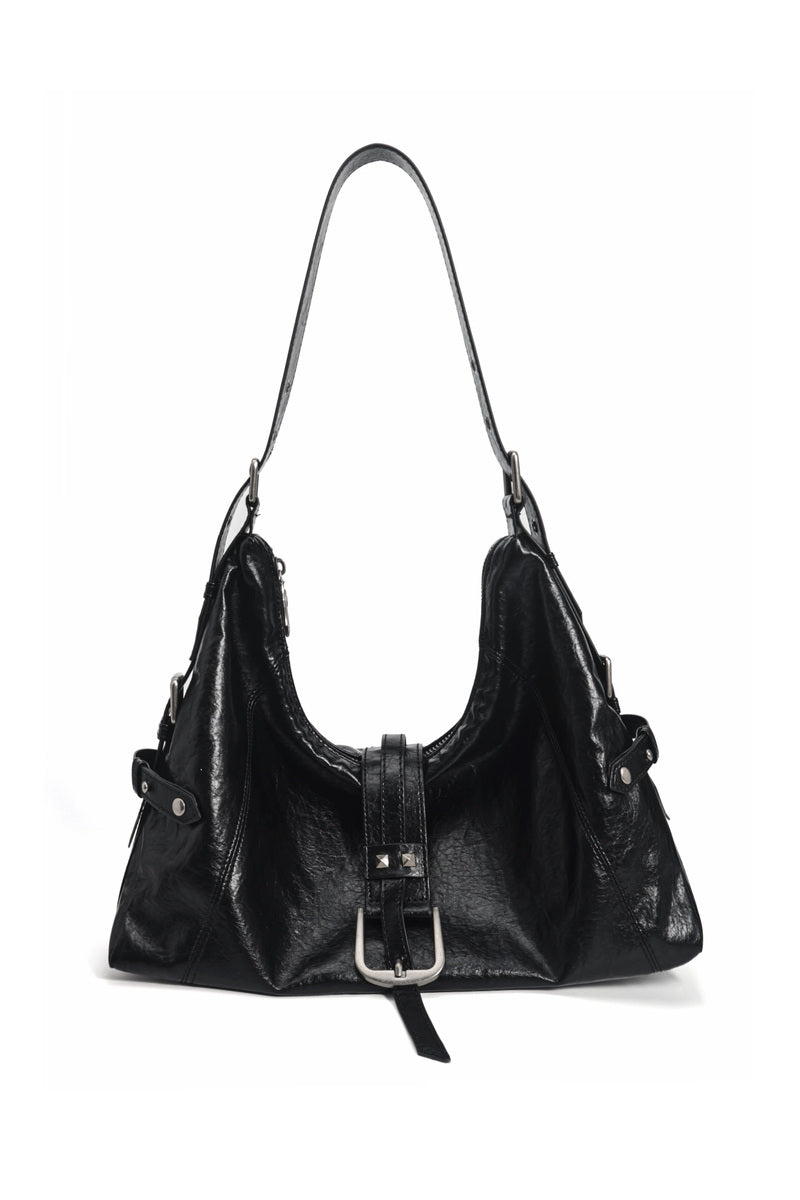 Glossy Buckle Hobo Bag - Black