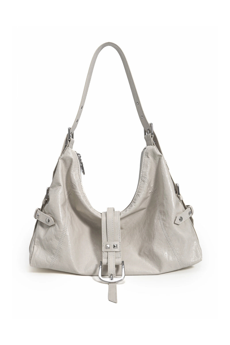 Glossy Buckle Hobo Bag - Beige