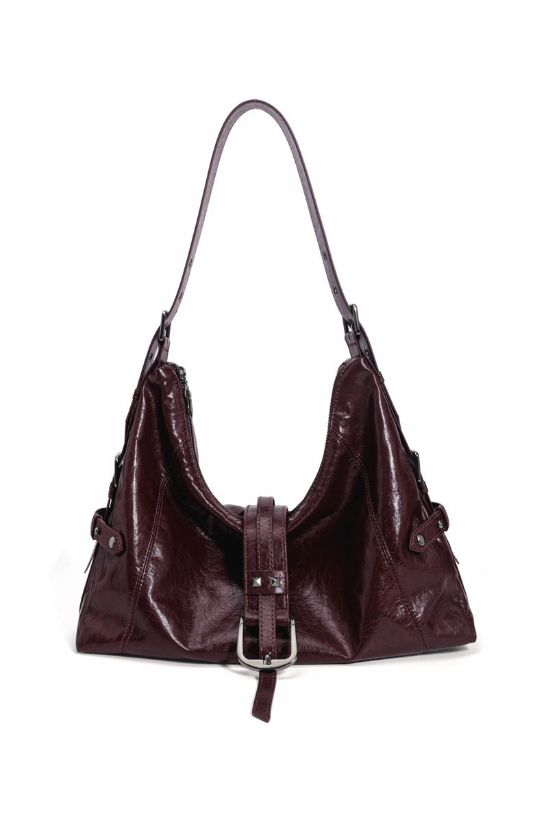 Glossy Buckle Hobo Bag - Burgundy