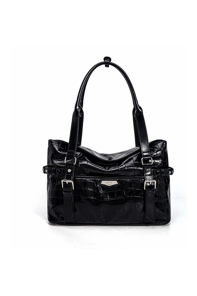 Glossy Croc Tote Bag - Black