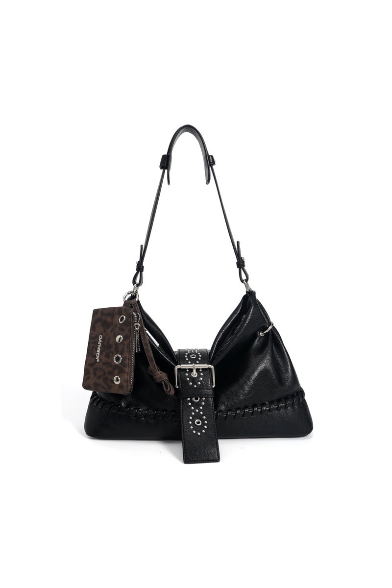 Leopard Pouch Hobo Bag - Black