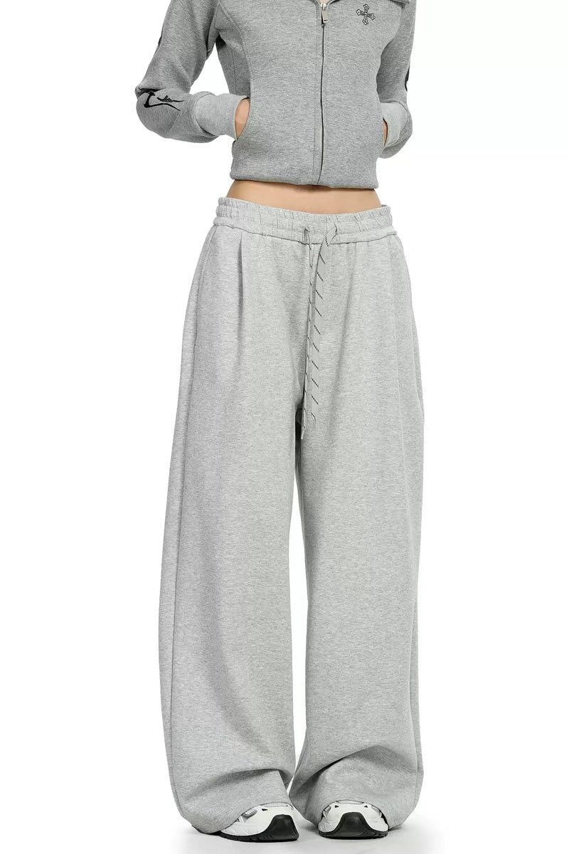 Drawstring Wide Leg Sweatpants - Heather Gray