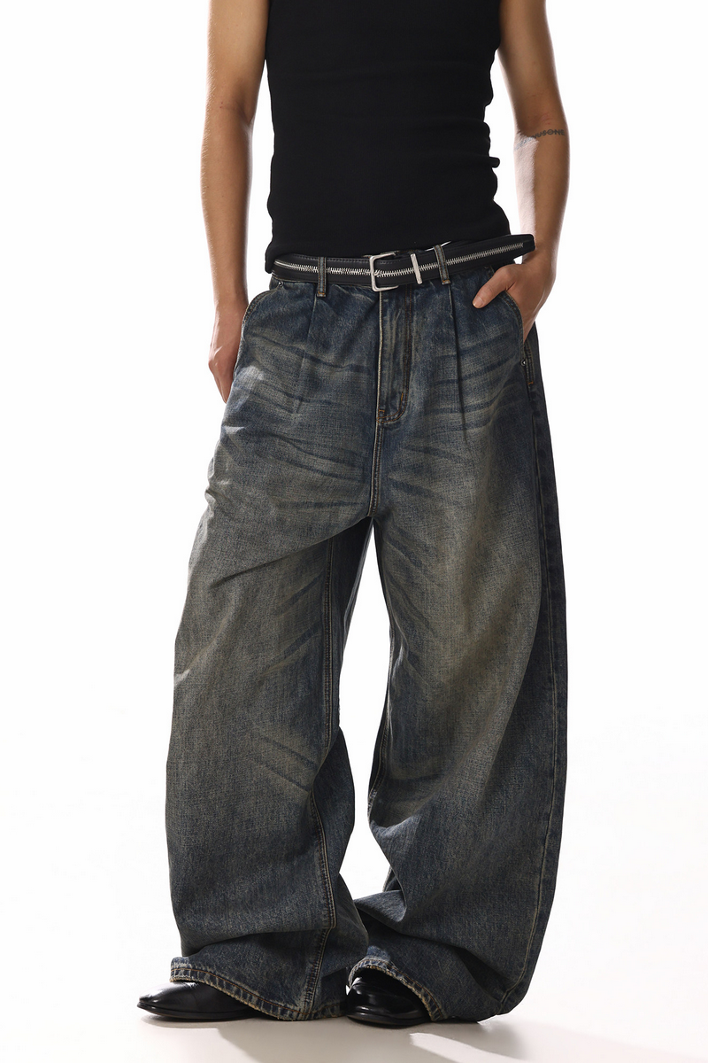 Distressed Whisker Wide Leg Jeans