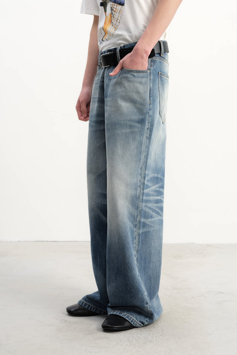 Whiskered Wide Leg Jeans