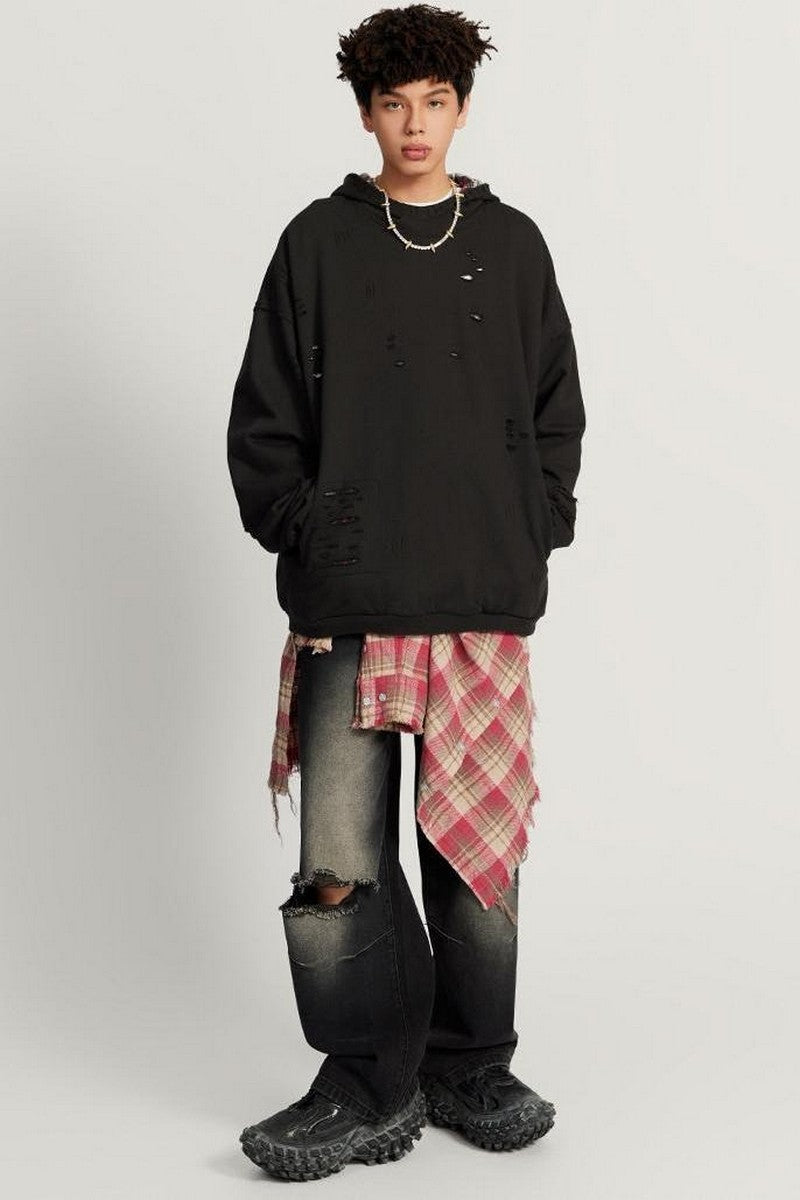 455G Distressed Patchwork Hoodie
