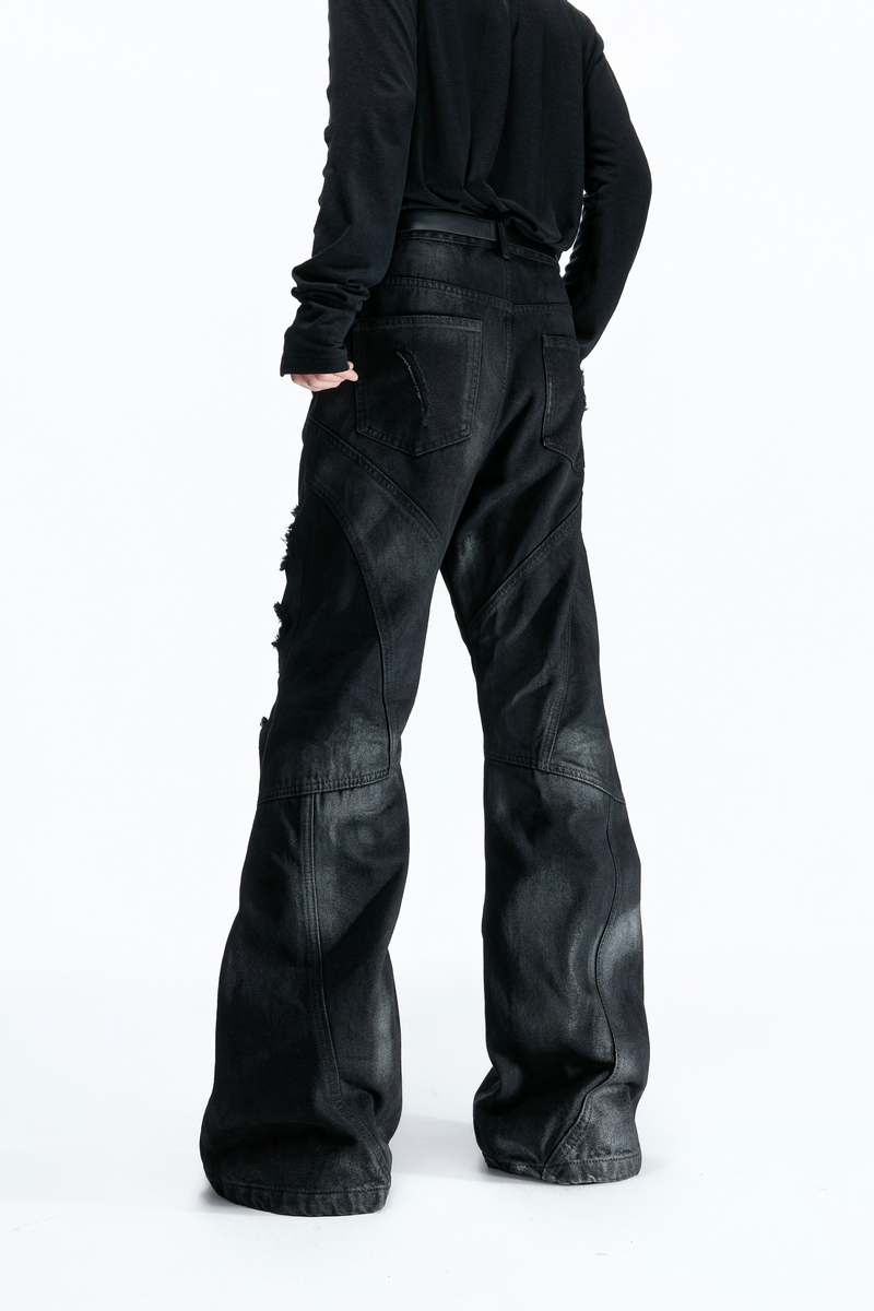 Waxed Distressed Flare Jeans