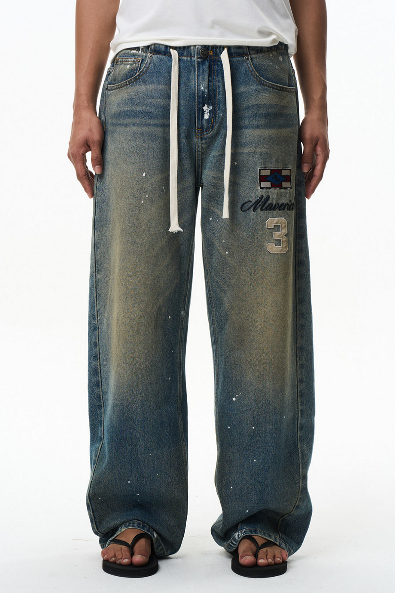 Splatter Embroidered Drawstring Jeans