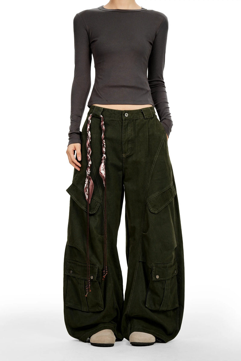 Deconstructed Multi Pocket Cargo Pants - Green