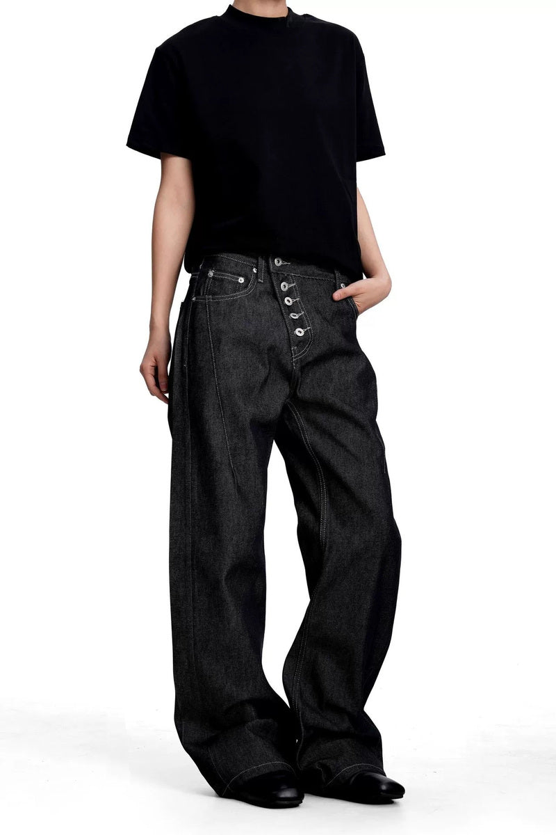 Diagonal Button Raw Jeans – view 2