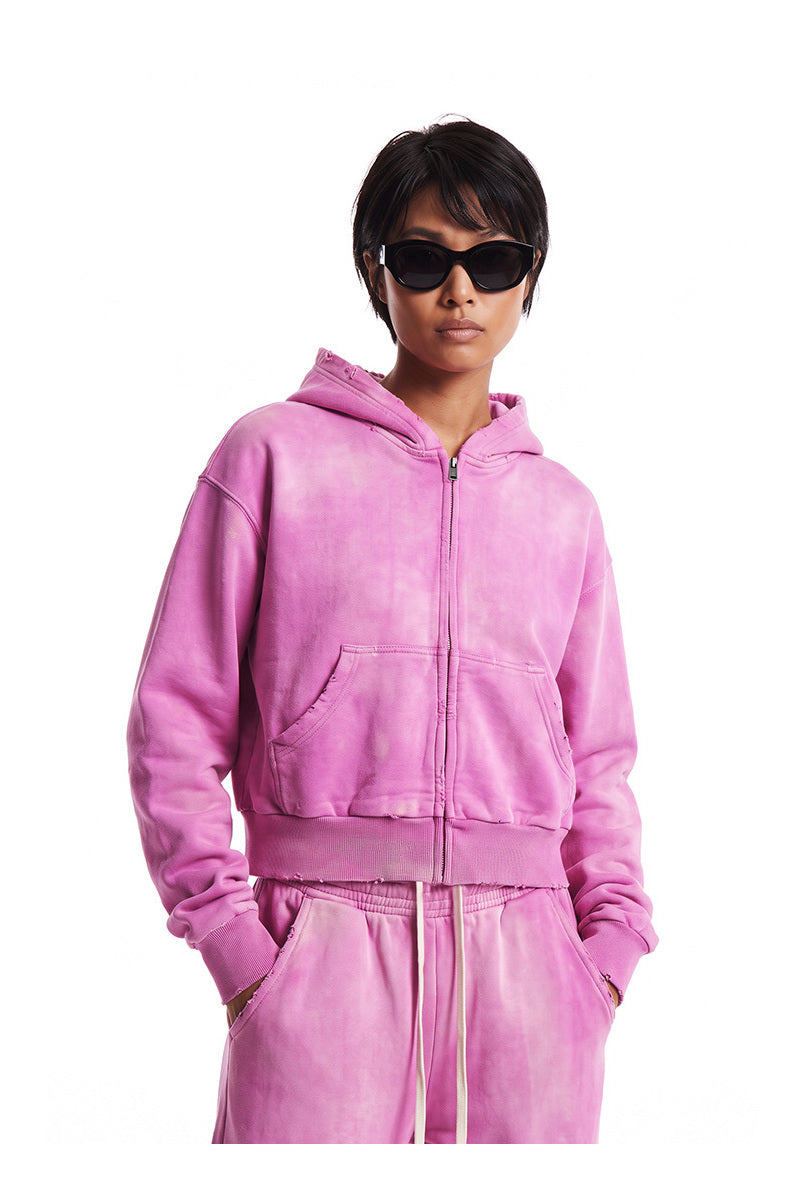 Distressed Boxy Zip Hoodie — worn view