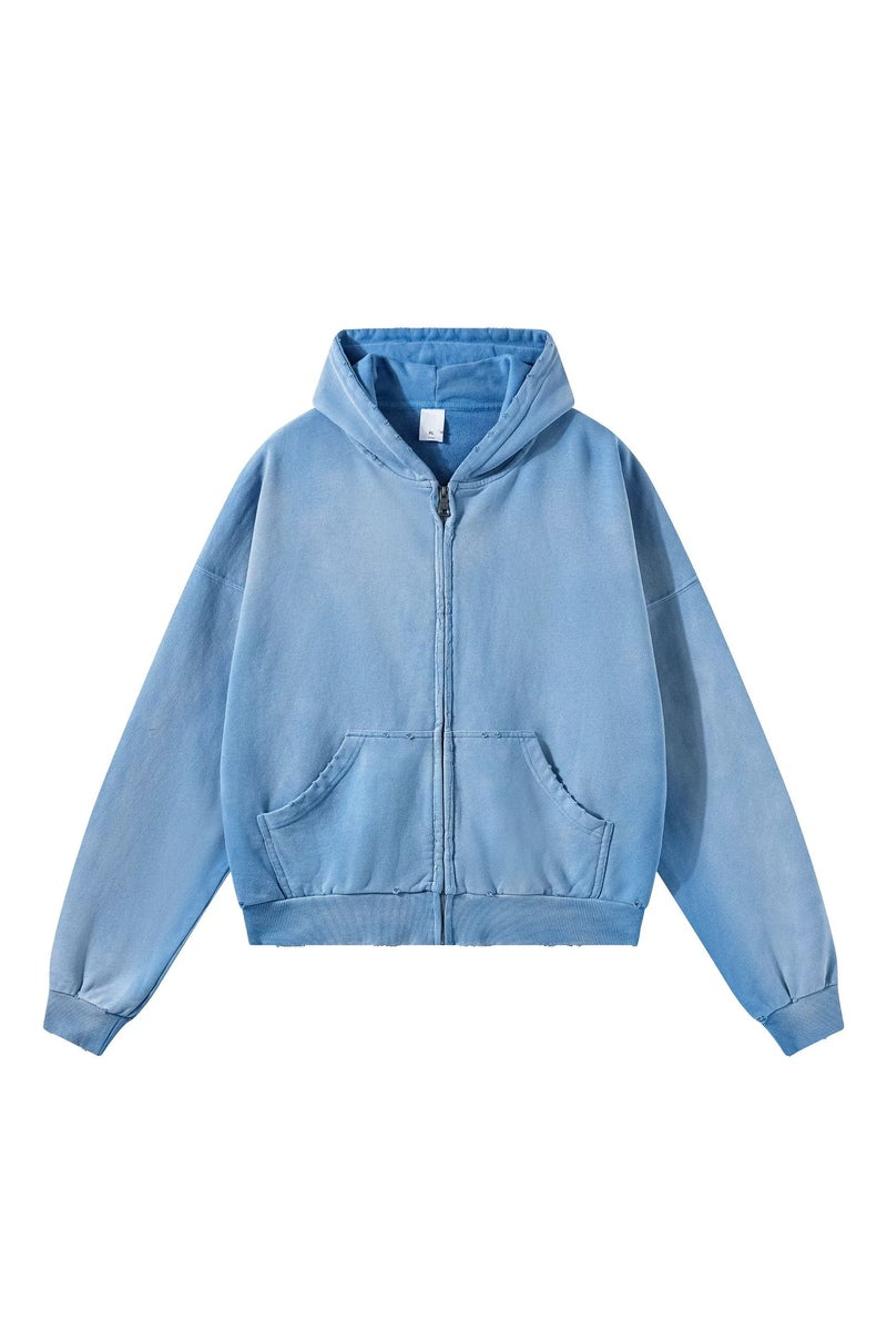 Distressed Boxy Zip Hoodie — Washed Sky Blue
