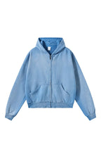 Distressed Boxy Zip Hoodie — Washed Sky Blue