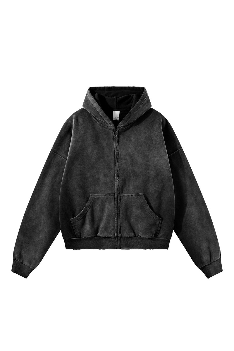 Distressed Boxy Zip Hoodie — Washed Black