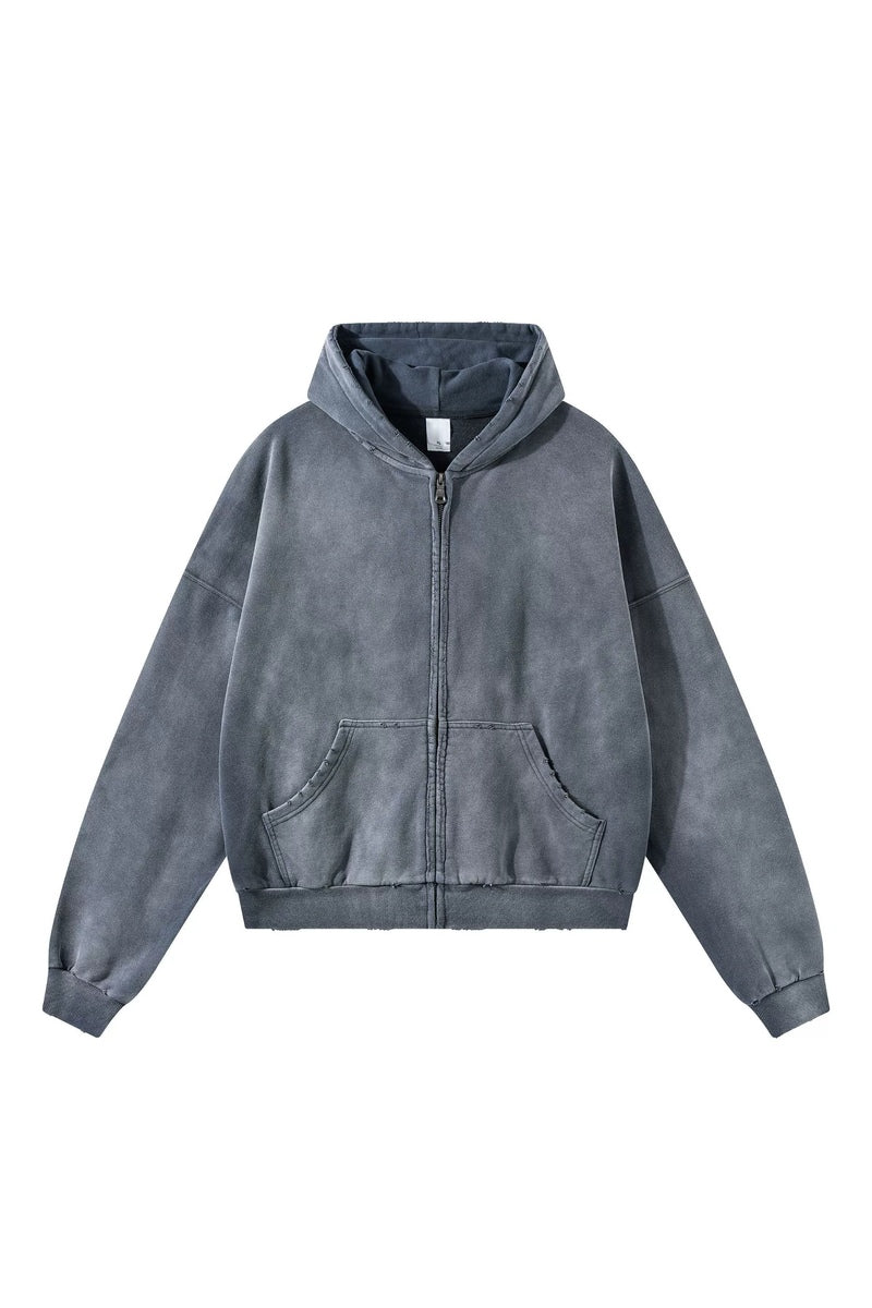 Distressed Boxy Zip Hoodie — Washed Dark Gray