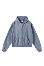 Distressed Boxy Zip Hoodie — Washed Light Gray