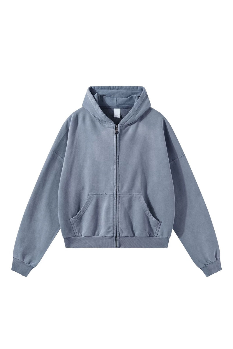 Distressed Boxy Zip Hoodie — Washed Light Gray