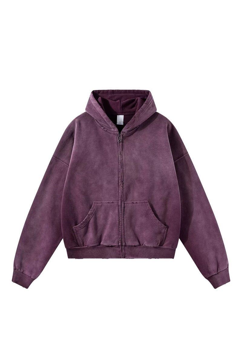 Distressed Boxy Zip Hoodie — Washed Plum