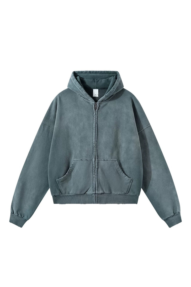 Distressed Boxy Zip Hoodie — Washed Dark Green