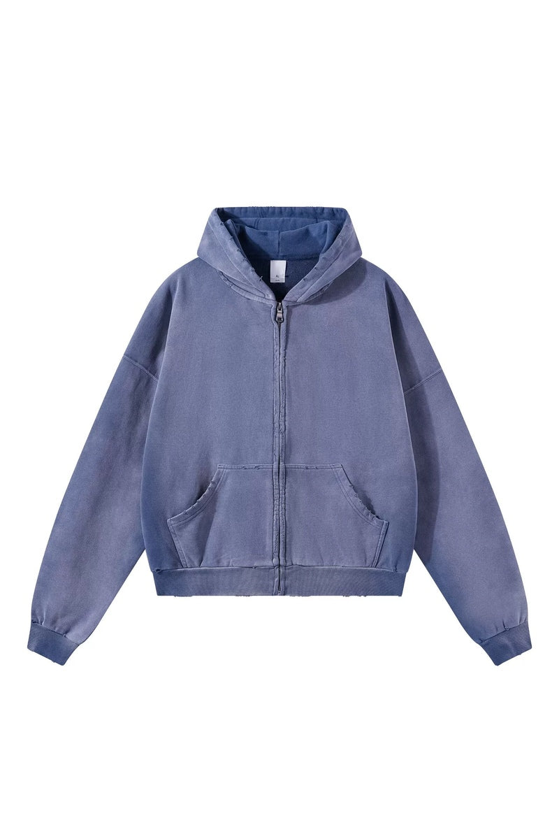 Distressed Boxy Zip Hoodie — Washed Navy