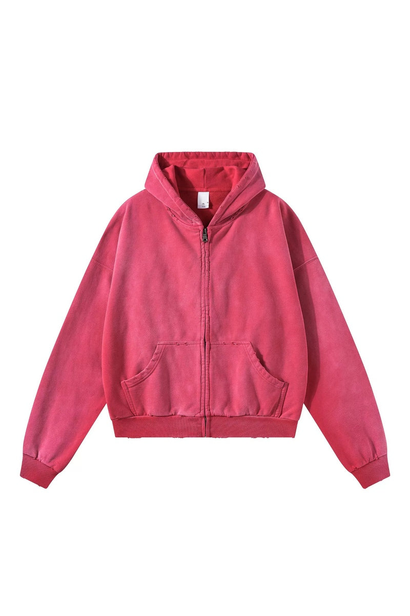 Distressed Boxy Zip Hoodie — Washed Watermelon Red