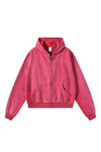 Distressed Boxy Zip Hoodie — Washed Watermelon Red