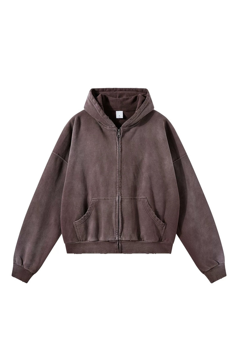 Distressed Boxy Zip Hoodie — Washed Brown