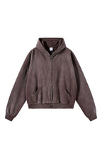 Distressed Boxy Zip Hoodie — Washed Brown