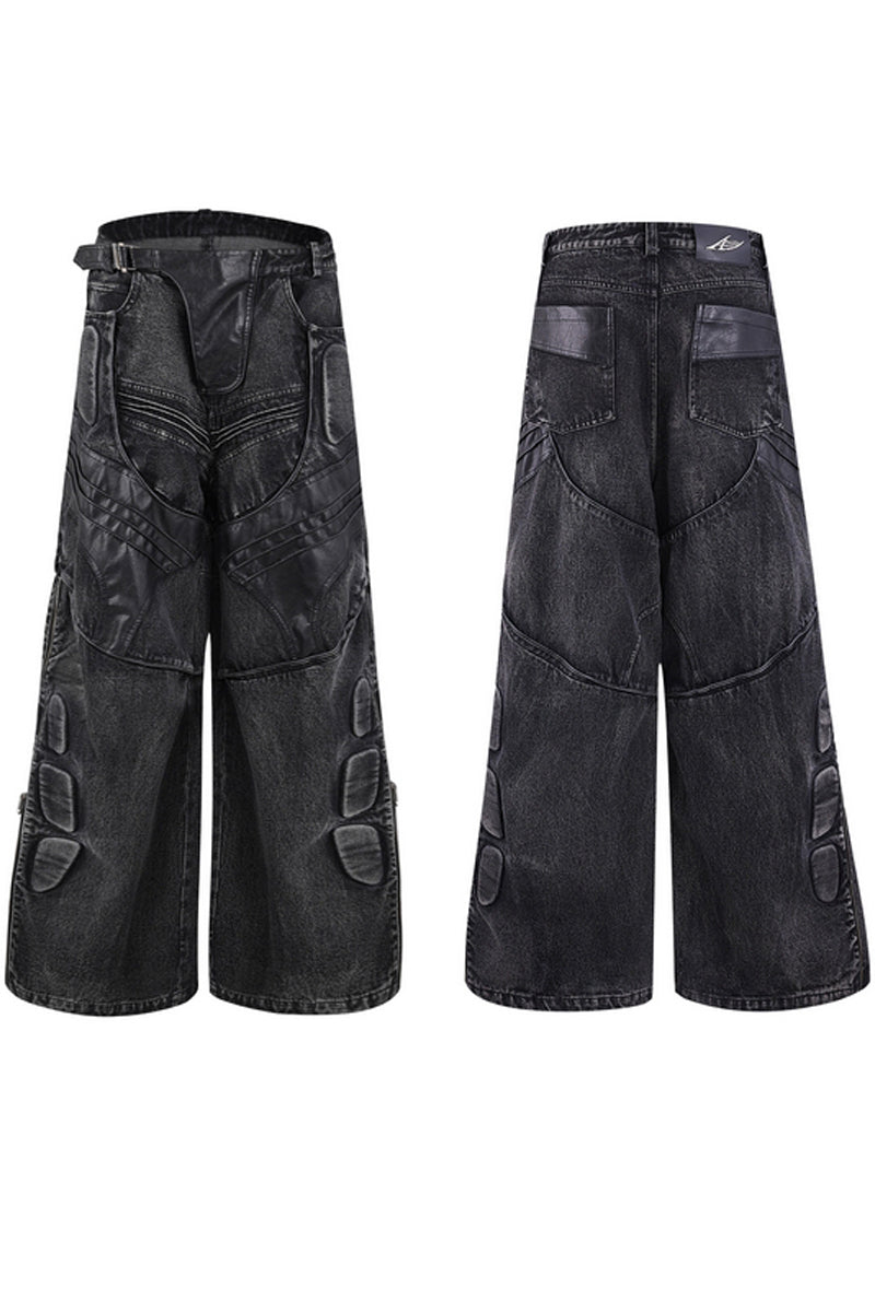 Washed Black PU Patchwork Jeans