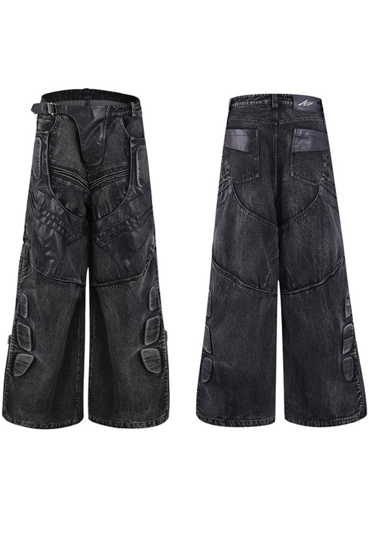 Washed Black PU Patchwork Jeans